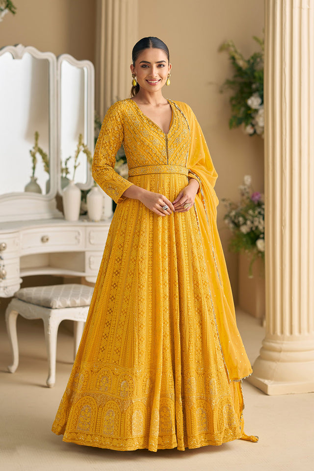 Yellow Floral Embroidered Georgette Gown (ACA8027)
