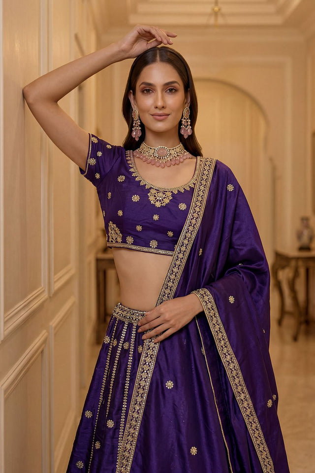 Navy Blue Sequin with Embroidered Silk Lehenga (ACA8039)