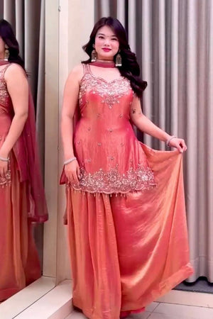 Orange Embroidered Satin Palazzo Suit (ACA8042)