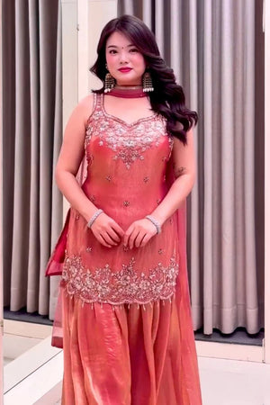 Orange Embroidered Satin Palazzo Suit (ACA8042)