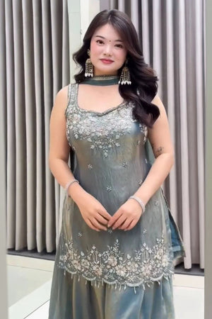 Grey Embroidered Satin Palazzo Suit (ACA8043)