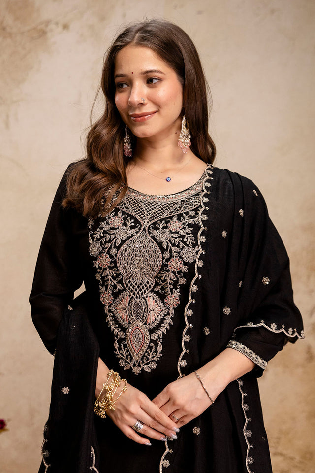 Black Sequin with Embroidered Silk Straight Cut Suit (ACA8044)