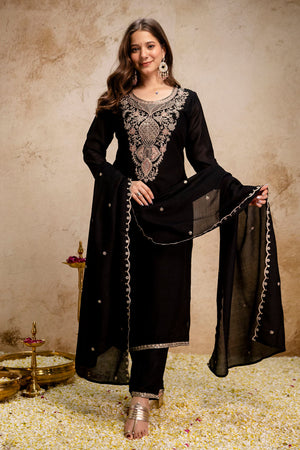 Black Sequin with Embroidered Silk Straight Cut Suit (ACA8044)