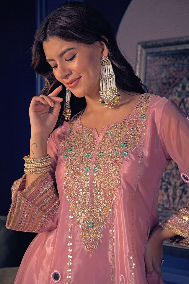 Peach Mirror Sequin with Embroidered Silk Palazzo Suit (ACA8046)