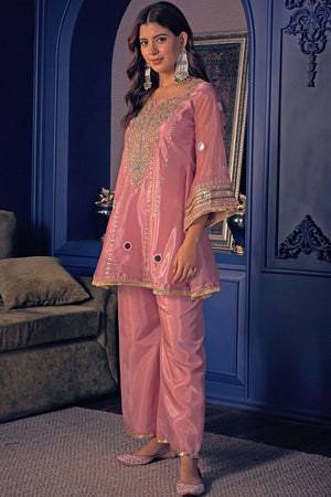 Peach Mirror Sequin with Embroidered Silk Palazzo Suit (ACA8046)