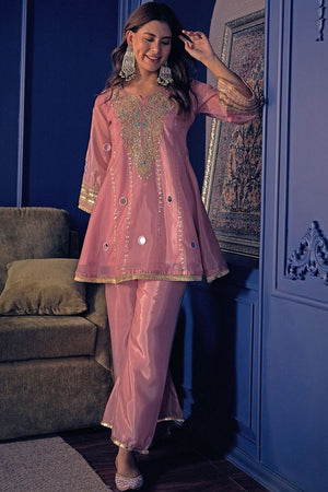 Peach Mirror Sequin with Embroidered Silk Palazzo Suit (ACA8046)
