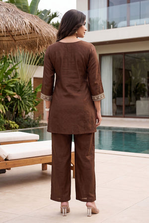 Brown Floral Embroidered Silk Palazzo Suit (ACA8048)