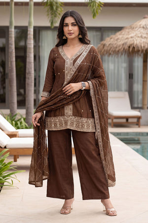 Brown Floral Embroidered Silk Palazzo Suit (ACA8048)