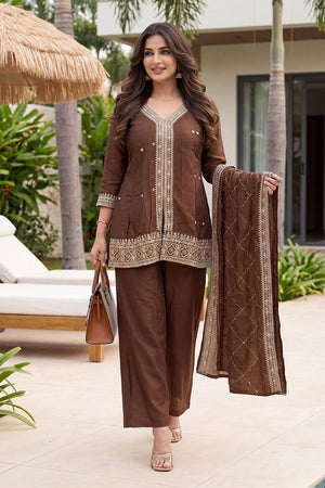 Brown Floral Embroidered Silk Palazzo Suit (ACA8048)