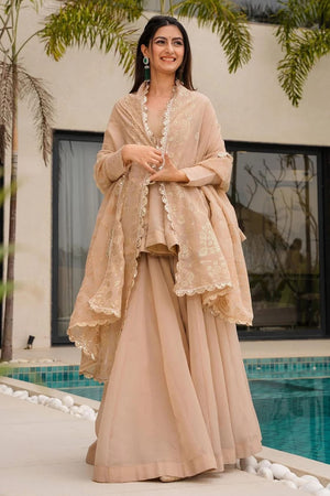 Peach Embroidered Organza Palazzo Suit (ACA8049)