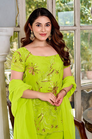 Green Sequin with Embroidered Georgette Palazzo Suit (ACA8051)