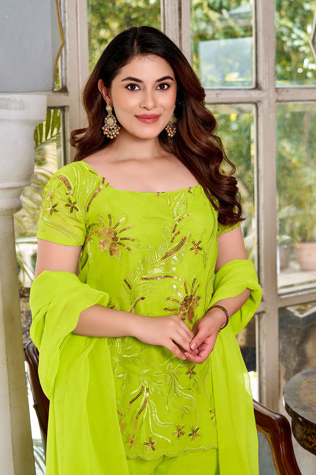 Green Sequin with Embroidered Georgette Palazzo Suit (ACA8051)
