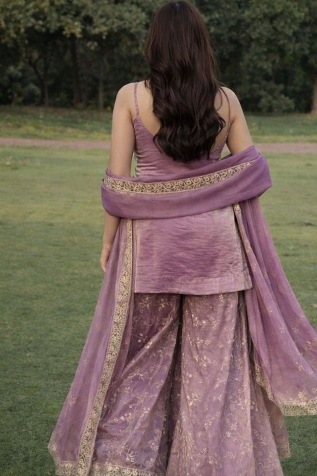 Violet Embroidered Satin Sharara Suit (ACA8053)