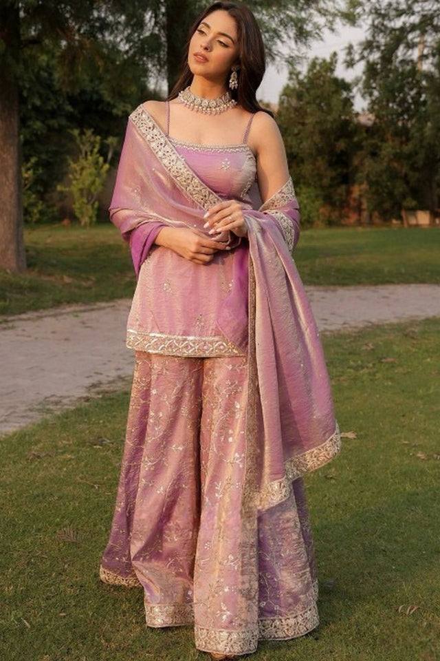 Violet Embroidered Satin Sharara Suit (ACA8053)