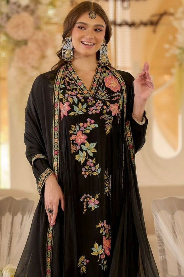 Black Floral Embroidered Georgette Kurti Pant Set (ACA8054)