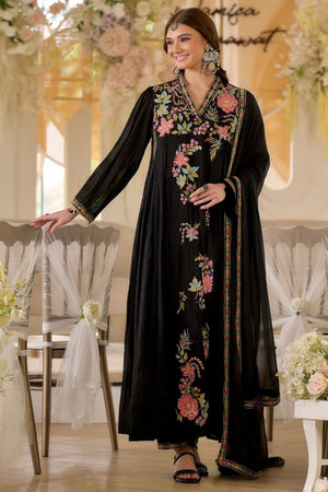 Black Floral Embroidered Georgette Kurti Pant Set (ACA8054)