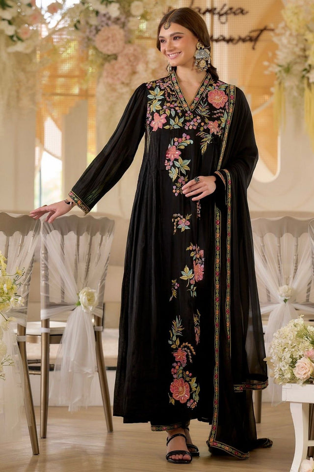 Black Floral Embroidered Georgette Kurti Pant Set (ACA8054)