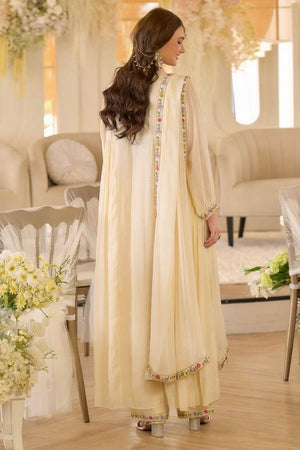 Cream Embroidered Georgette Kurti Pant Set (ACA8055)