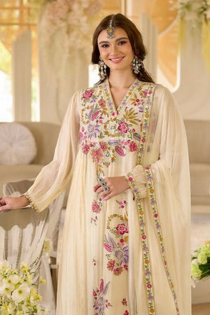 Cream Embroidered Georgette Kurti Pant Set (ACA8055)