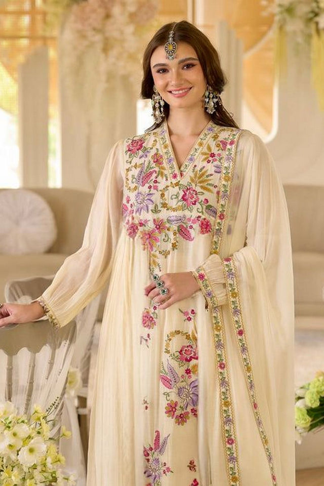 Cream Embroidered Georgette Kurti Pant Set (ACA8055)