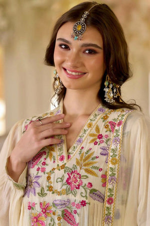 Cream Embroidered Georgette Kurti Pant Set (ACA8055)