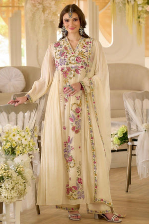 Cream Embroidered Georgette Kurti Pant Set (ACA8055)