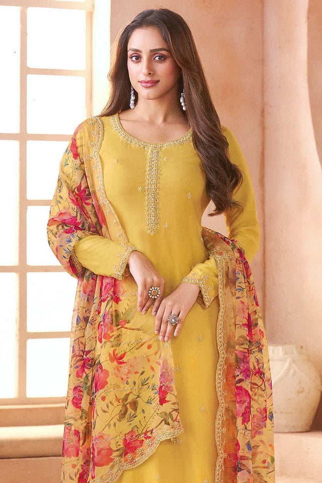 Yellow Embroidered Chiffon Kurti Pant Set (ACA8056)