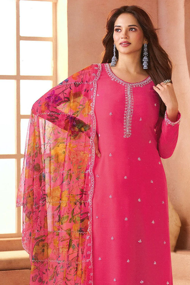 Pink Embroidered Chiffon Kurti Pant Set (ACA8057)