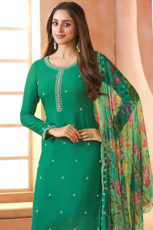 Sea Green Embroidered Chiffon Kurti Pant Set (ACA8058)