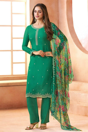 Sea Green Embroidered Chiffon Kurti Pant Set (ACA8058)