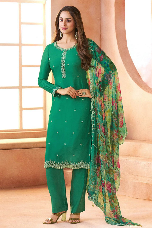 Sea Green Embroidered Chiffon Kurti Pant Set (ACA8058)