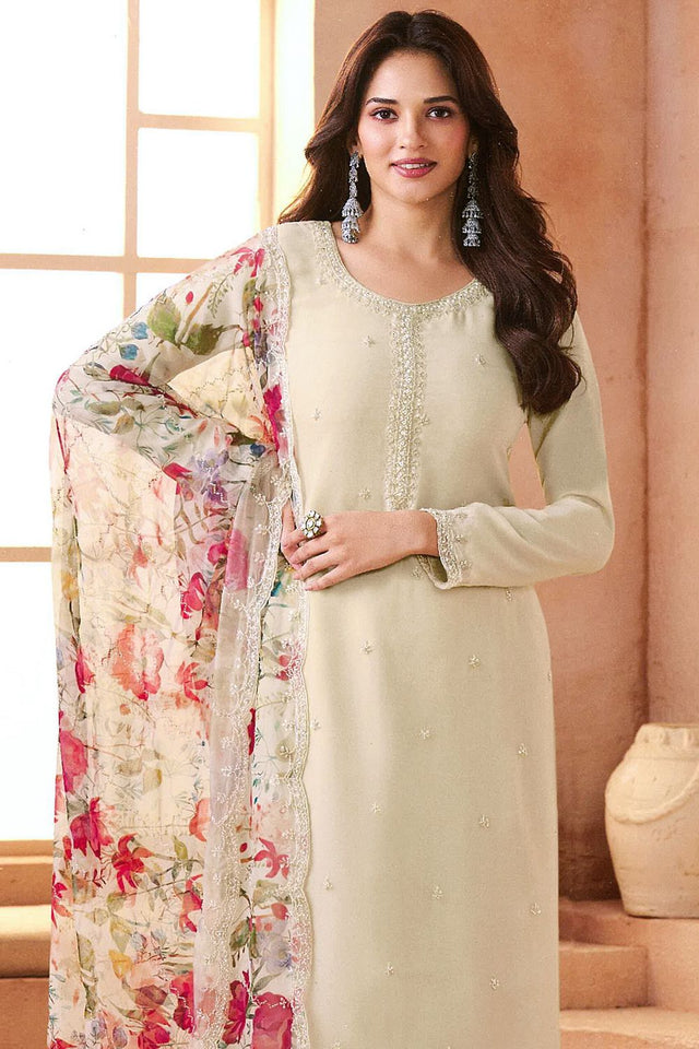 White Embroidered Chiffon Kurti Pant Set (ACA8059)