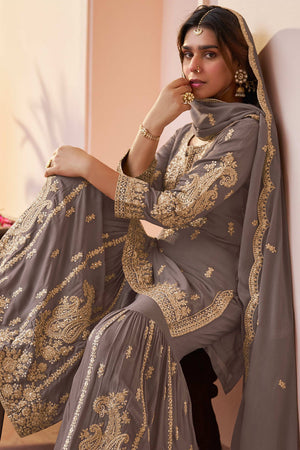 Mauve Floral Embroidered Chinon Sharara Suit (ACA8060)