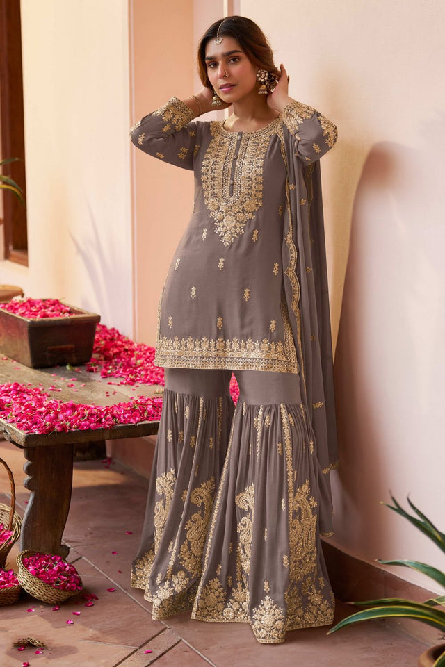 Mauve Floral Embroidered Chinon Sharara Suit (ACA8060)