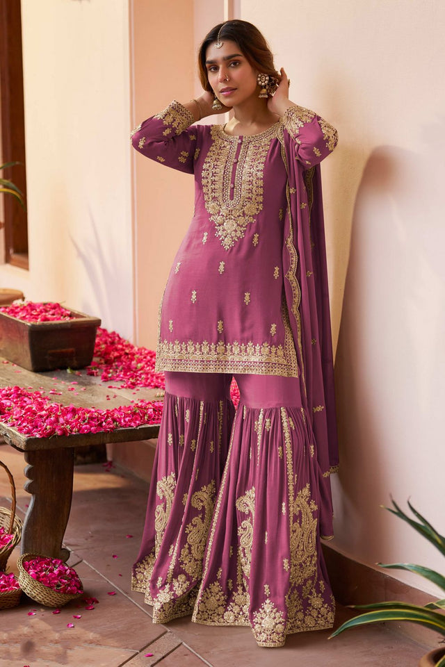 Pink Floral Embroidered Chinon Sharara Suit (ACA8062)