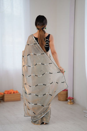 Brown Sequin with Floral Embroidered Satin Saree (ACA8063)