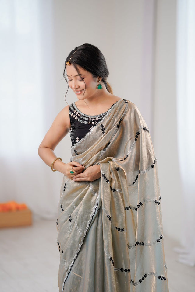 Brown Sequin with Floral Embroidered Satin Saree (ACA8063)