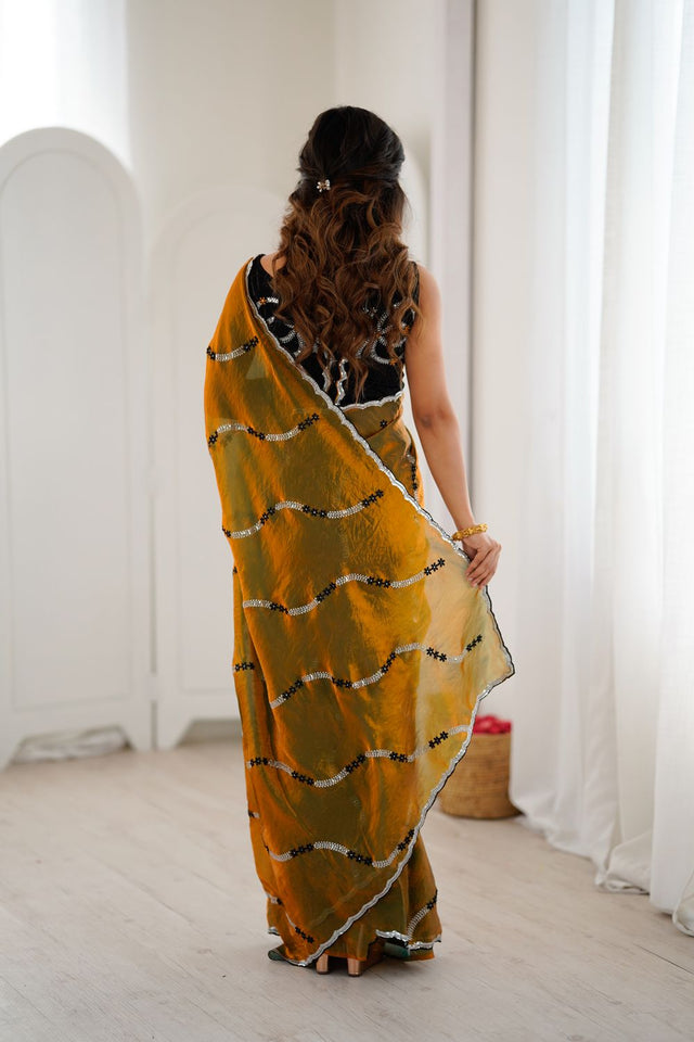Gold Floral Embroidered Satin Saree (ACA8064)