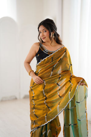 Gold Sequin with Floral Embroidered Satin Saree (ACA8064)