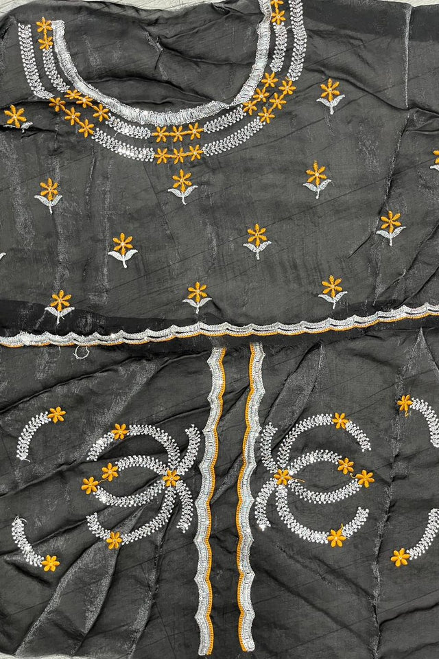 Gold Floral Embroidered Satin Saree (ACA8064)