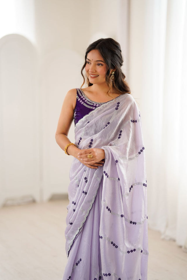 Lavender Floral Embroidered Satin Saree (ACA8065)