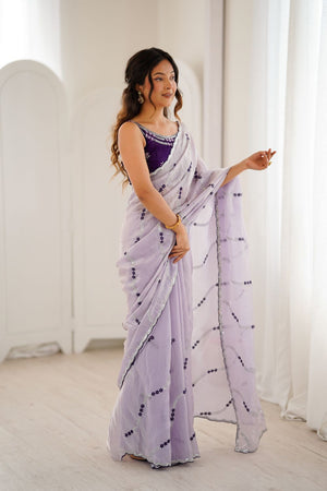 Lavender Floral Embroidered Satin Saree (ACA8065)