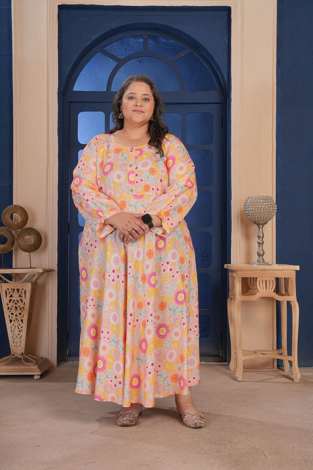 Orange Floral Printed Rayon Long Kurti (ACA8070)