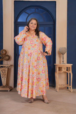 Orange Floral Printed Rayon Long Kurti (ACA8070)