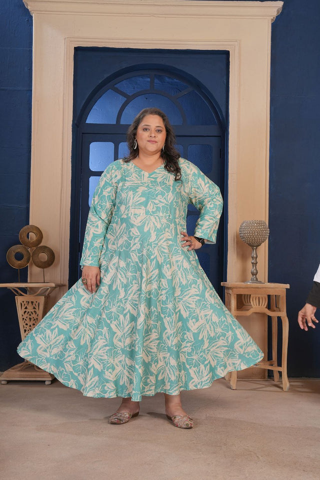 Green Floral Printed Rayon Long Kurti (ACA8071)