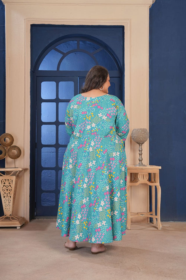 Sea Green Floral Printed Rayon Long Kurti (ACA8072)