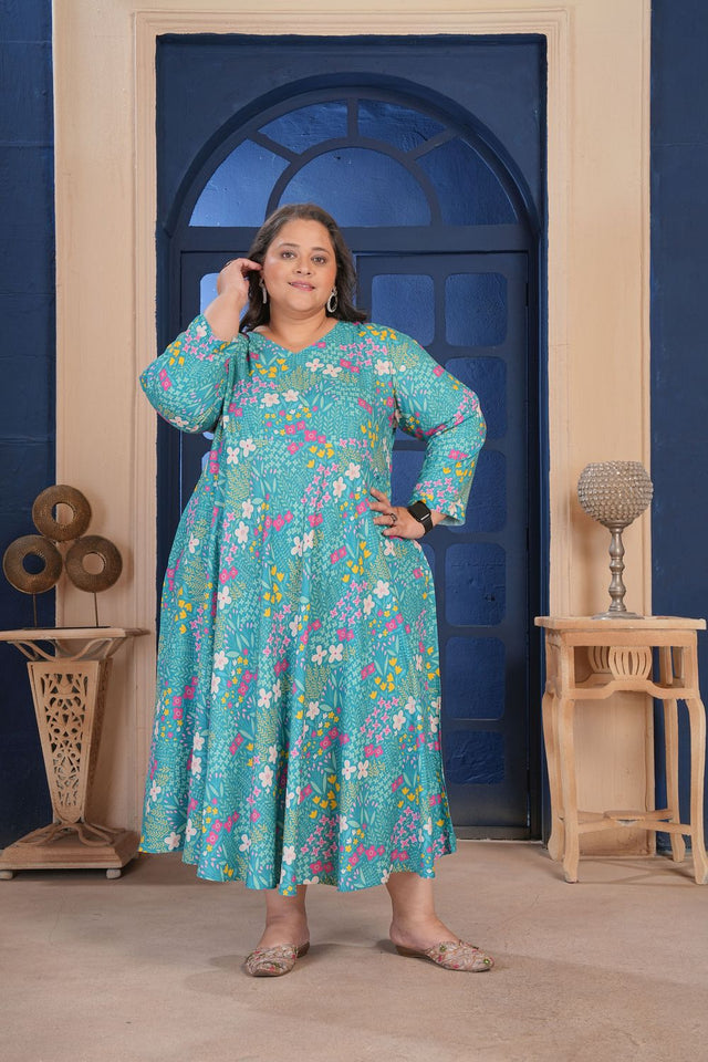 Sea Green Floral Printed Rayon Long Kurti (ACA8072)