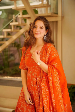 Orange Floral Printed Muslin Anarkali Suit (ACA8073)