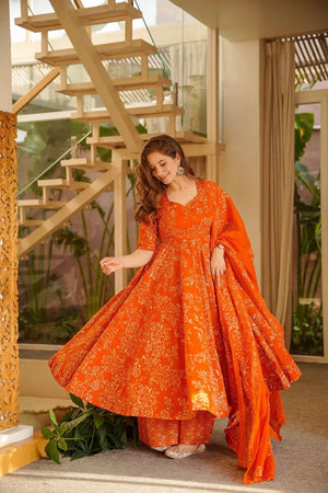 Orange Floral Printed Muslin Anarkali Suit (ACA8073)