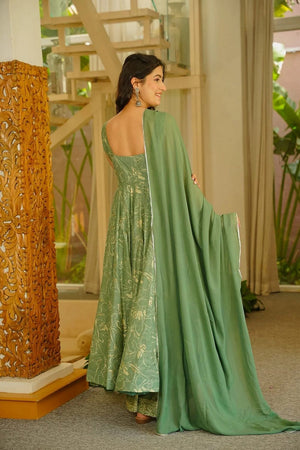 Green Floral Printed Muslin Anarkali Suit (ACA8074)